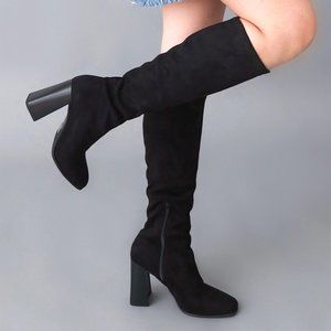 Black Microsuede Block Heel Knee High Boots